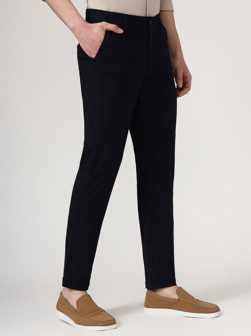 Navy Blue Solid Neo Fit Casual Trouser | Greenfibre