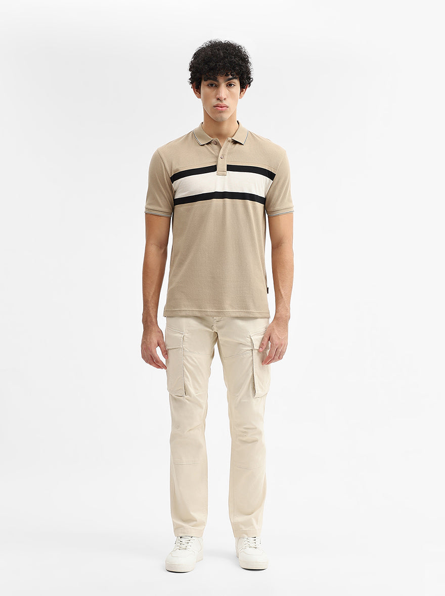 Khaki & Grey Striped Slim Fit Polo T-Shirt | Greenfibre