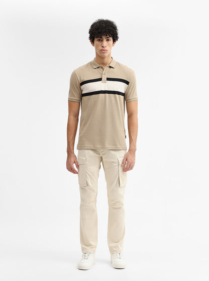 Khaki & Grey Striped Slim Fit Polo T-Shirt | Greenfibre