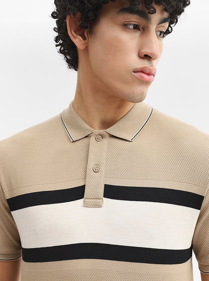 Khaki & Grey Striped Slim Fit Polo T-Shirt | Greenfibre
