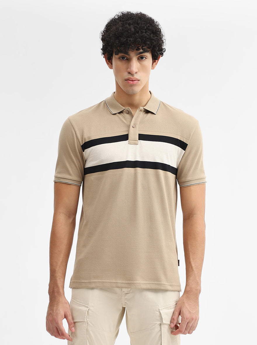 Khaki & Grey Striped Slim Fit Polo T-Shirt | Greenfibre