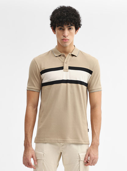 Khaki & Grey Striped Slim Fit Polo T-Shirt | Greenfibre