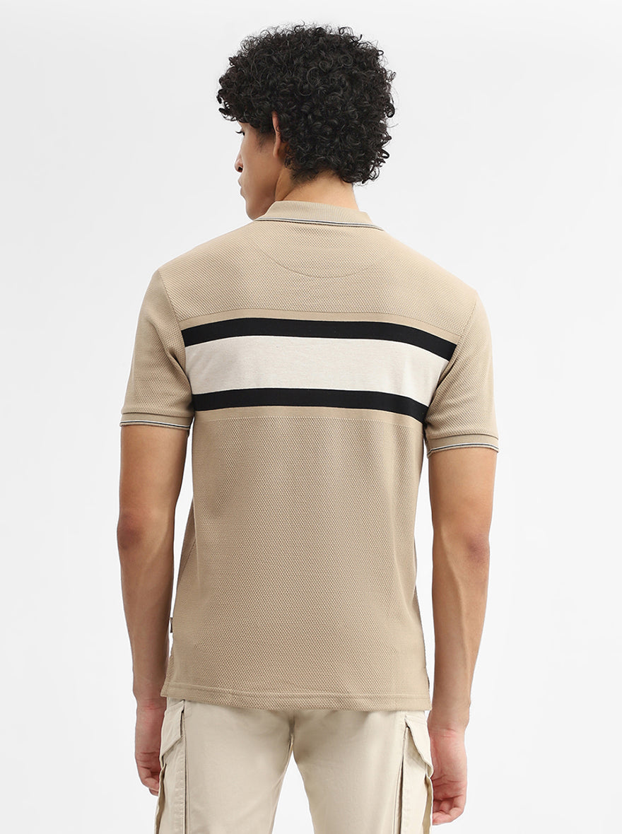Khaki & Grey Striped Slim Fit Polo T-Shirt | Greenfibre