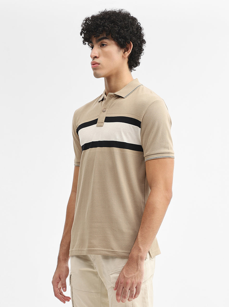 Khaki & Grey Striped Slim Fit Polo T-Shirt | Greenfibre