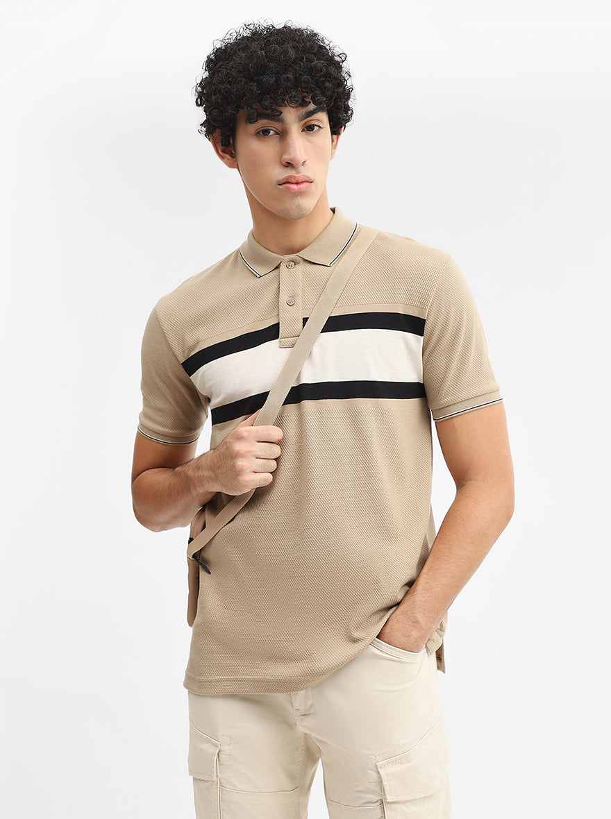 Khaki & Grey Striped Slim Fit Polo T-Shirt | Greenfibre