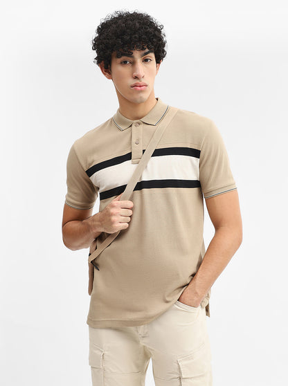 Khaki & Grey Striped Slim Fit Polo T-Shirt | Greenfibre