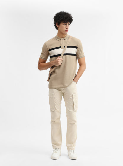 Khaki & Grey Striped Slim Fit Polo T-Shirt | Greenfibre