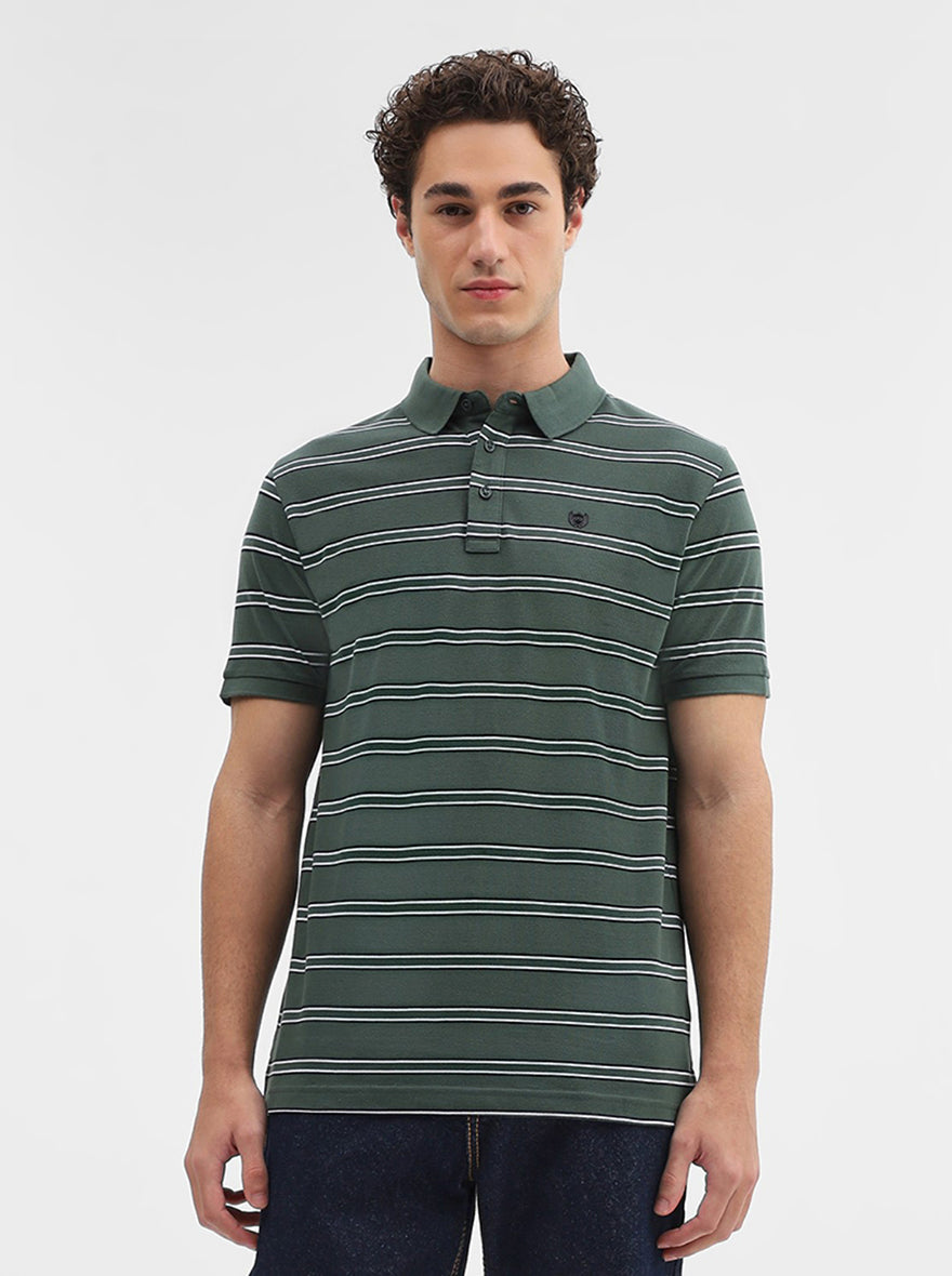 Olive & Black Striped Slim Fit Polo T-Shirt | JadeBlue