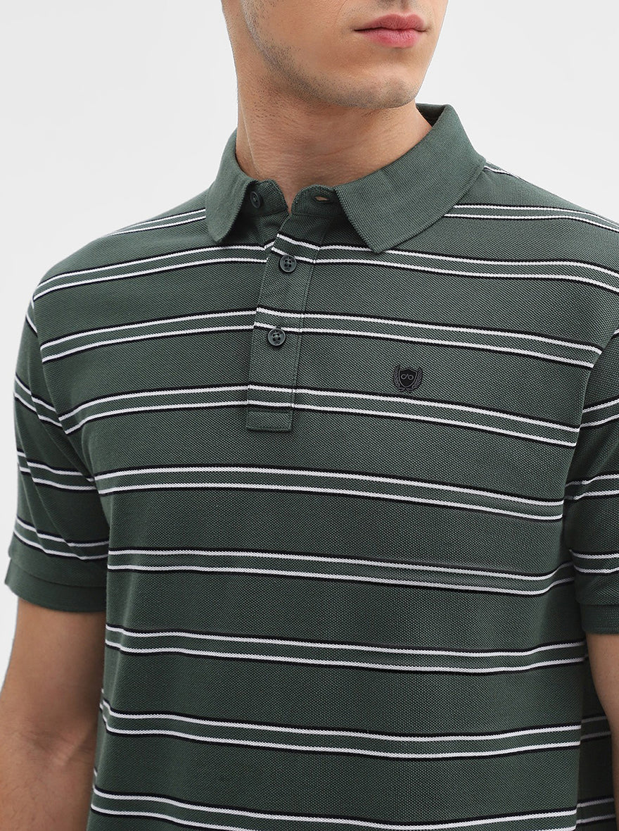 Olive & Black Striped Slim Fit Polo T-Shirt | JadeBlue