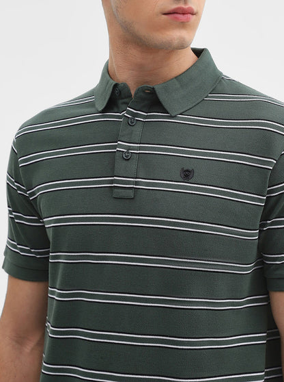 Olive & Black Striped Slim Fit Polo T-Shirt | JadeBlue