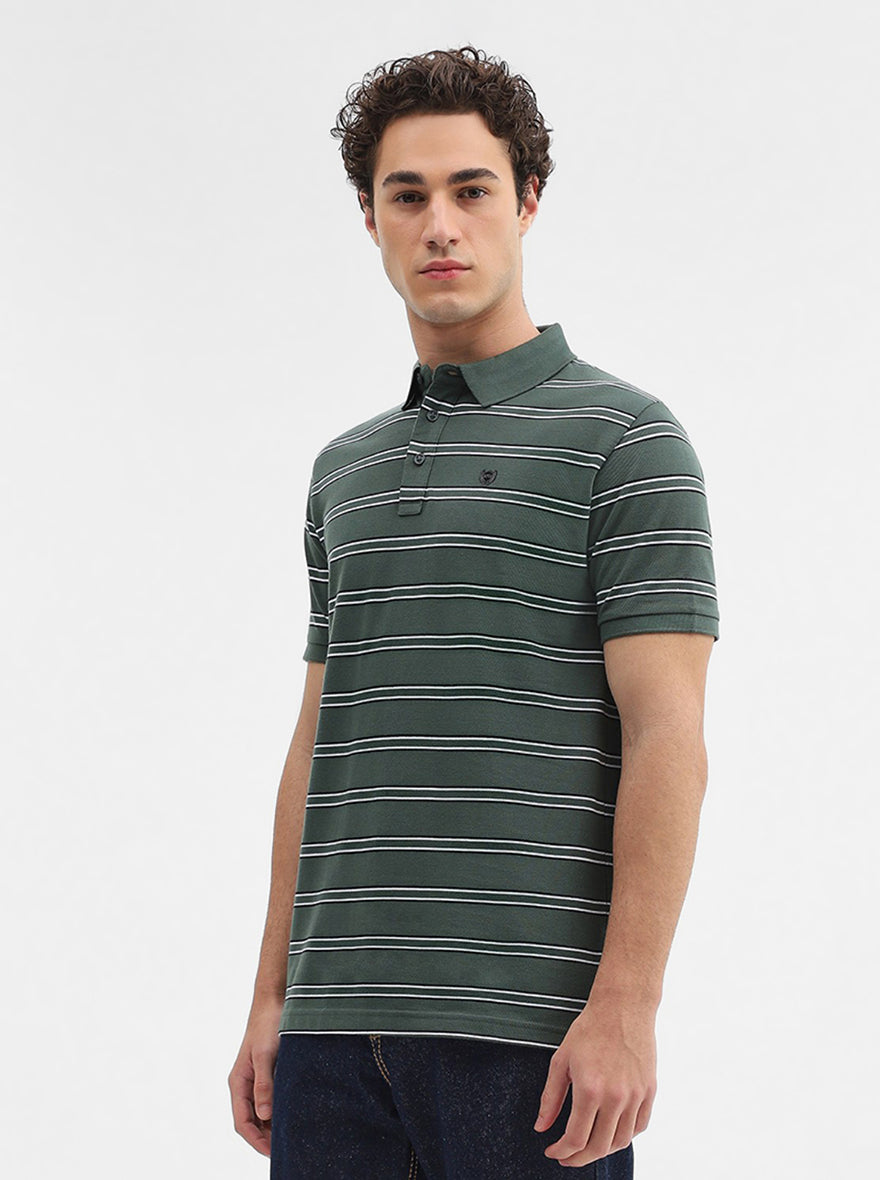 Olive & Black Striped Slim Fit Polo T-Shirt | JadeBlue