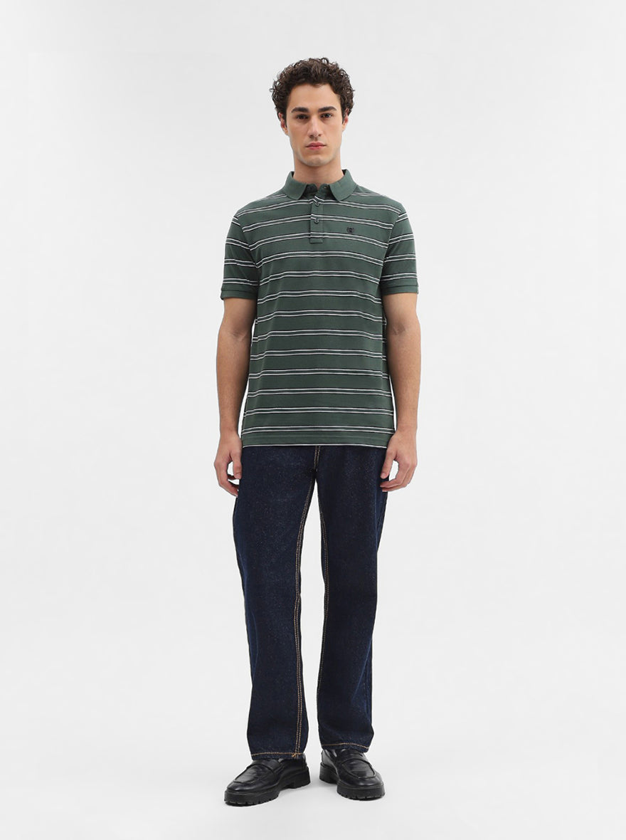 Olive & Black Striped Slim Fit Polo T-Shirt | JadeBlue