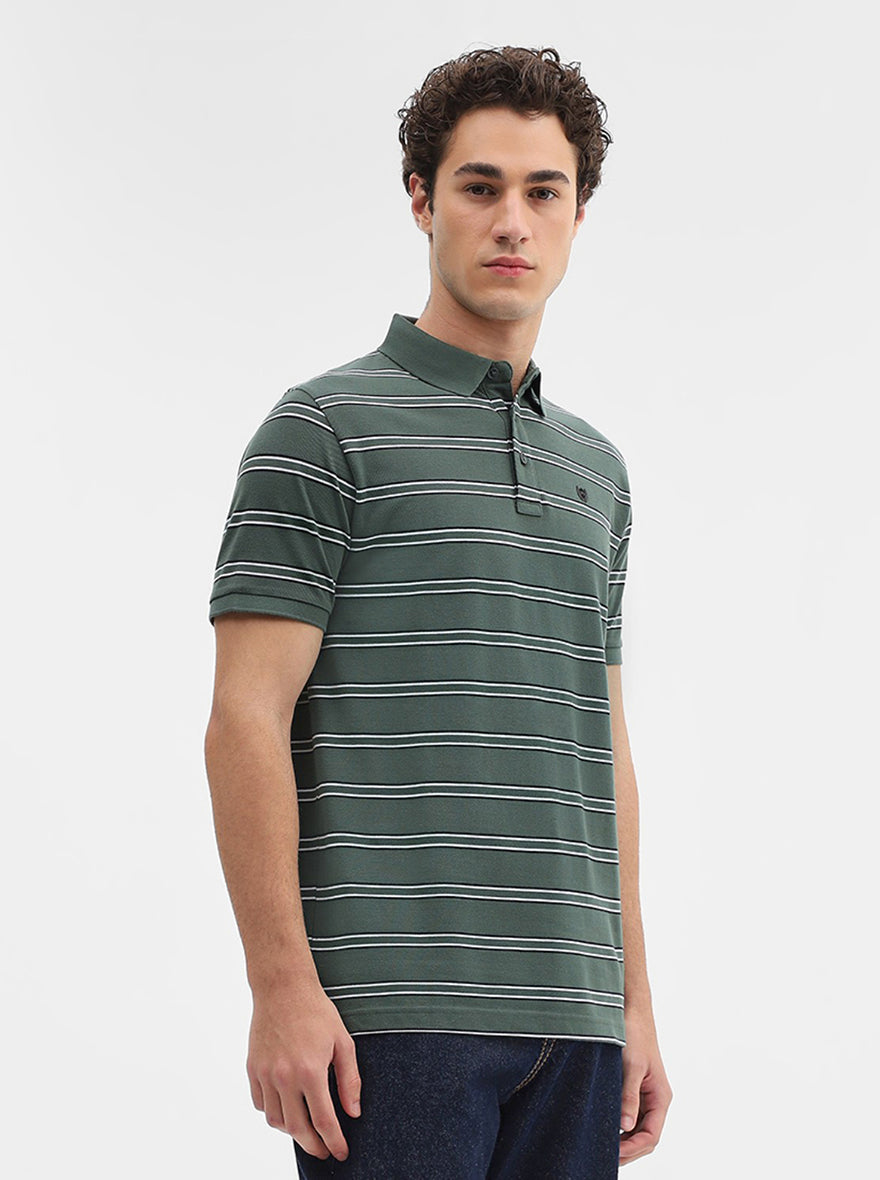 Olive & Black Striped Slim Fit Polo T-Shirt | JadeBlue
