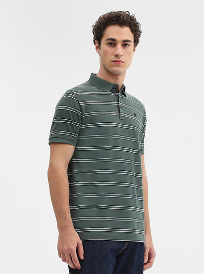 Olive & Black Striped Slim Fit Polo T-Shirt | JadeBlue