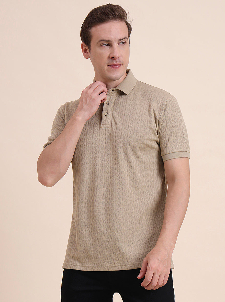 Beige Printed Slim Fit Polo T-Shirt | JadeBlue