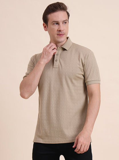 Beige Printed Slim Fit Polo T-Shirt | JadeBlue