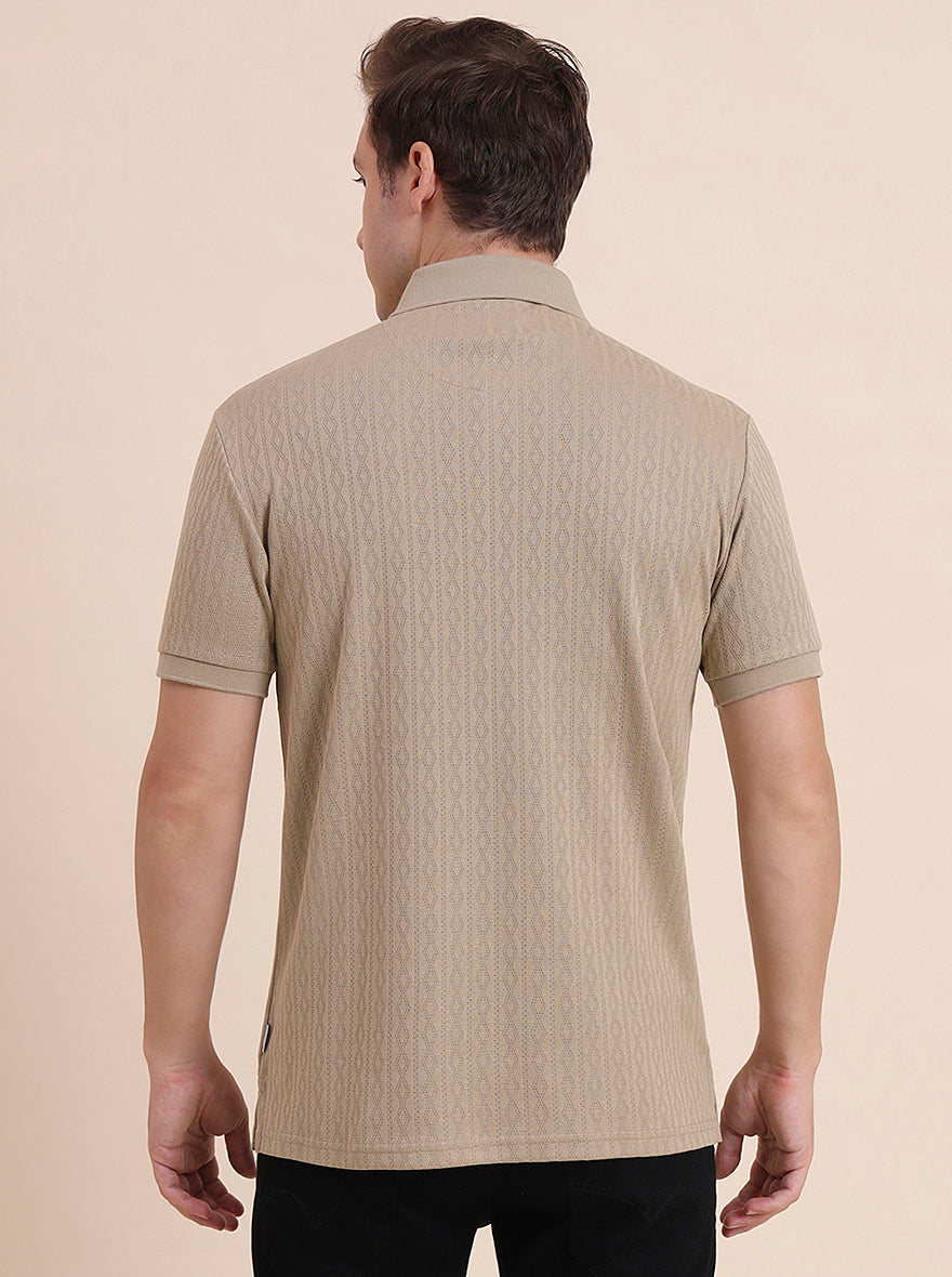 Beige Printed Slim Fit Polo T-Shirt | JadeBlue