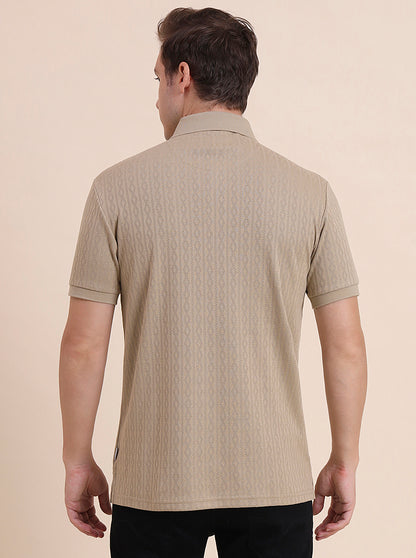 Beige Printed Slim Fit Polo T-Shirt | JadeBlue