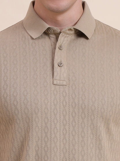 Beige Printed Slim Fit Polo T-Shirt | JadeBlue