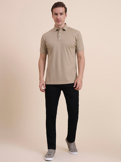 Beige Printed Slim Fit Polo T-Shirt | JadeBlue
