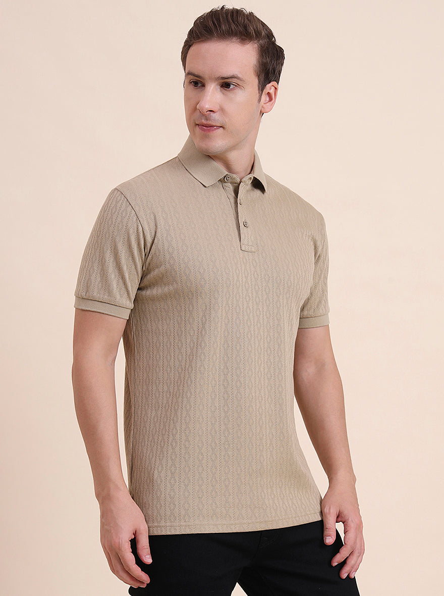 Beige Printed Slim Fit Polo T-Shirt | JadeBlue