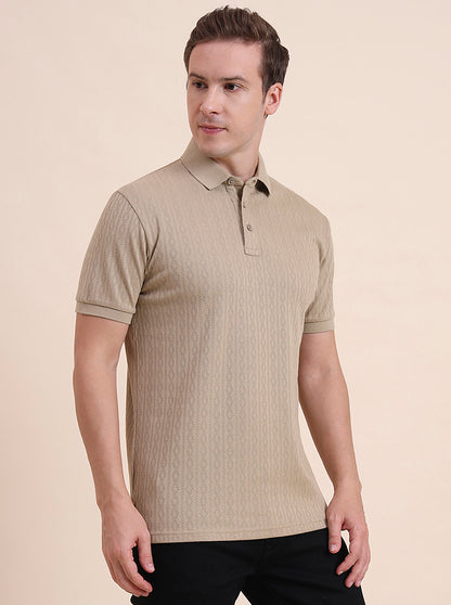 Beige Printed Slim Fit Polo T-Shirt | JadeBlue