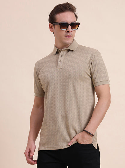 Beige Printed Slim Fit Polo T-Shirt | JadeBlue