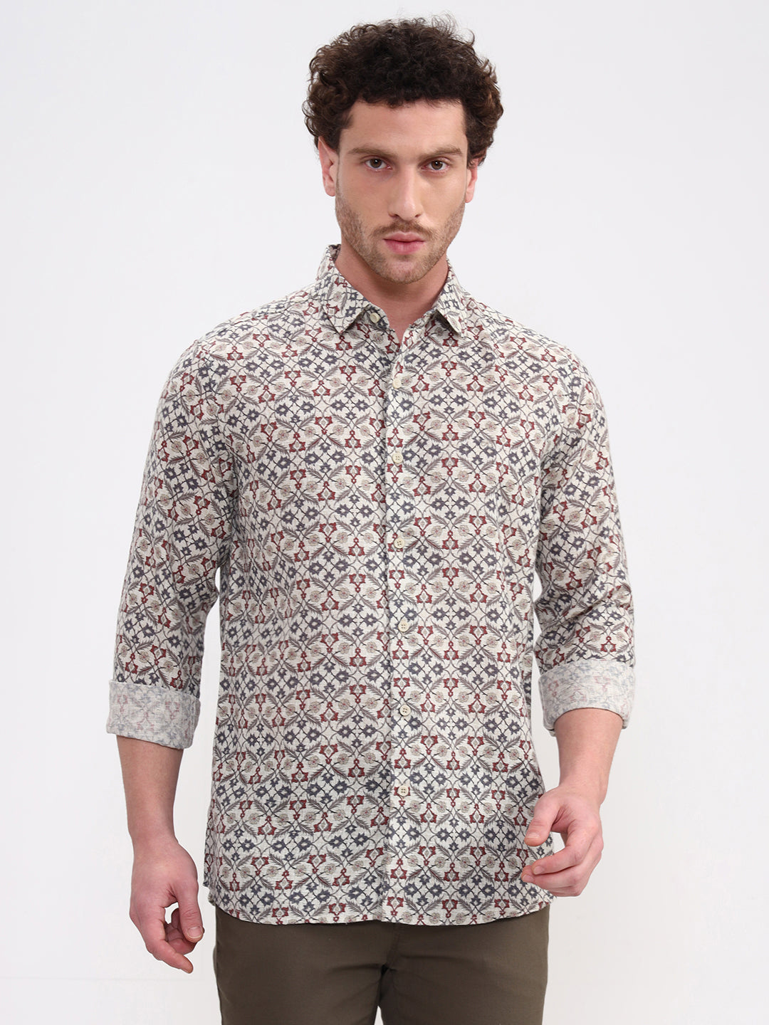 Grey Printed Slim Fit Casual Shirt | JadeBlue