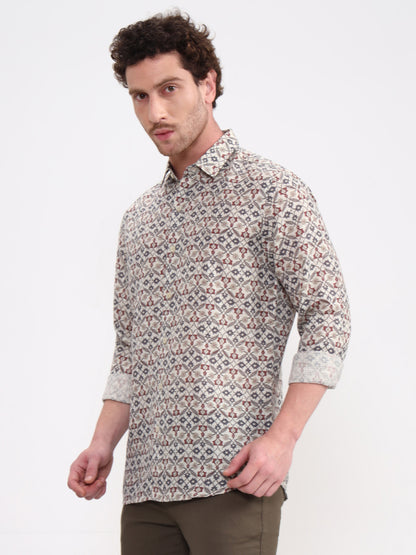 Grey Printed Slim Fit Casual Shirt | JadeBlue
