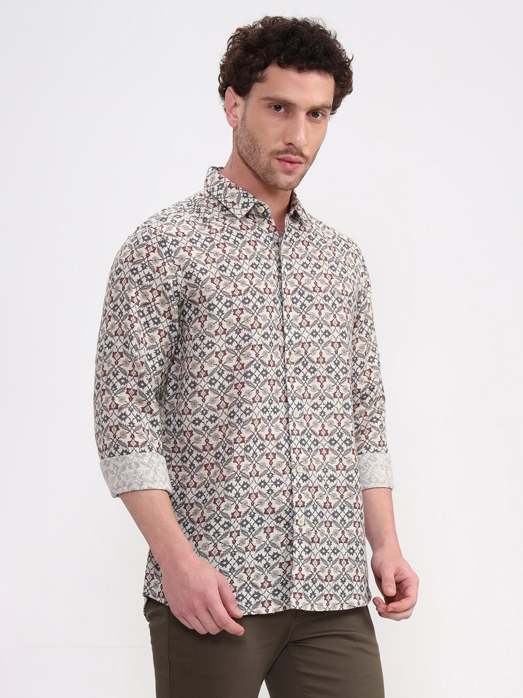 Grey Printed Slim Fit Casual Shirt | JadeBlue