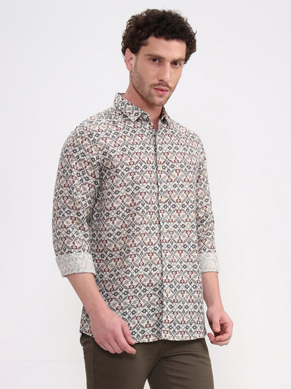 Grey Printed Slim Fit Casual Shirt | JadeBlue