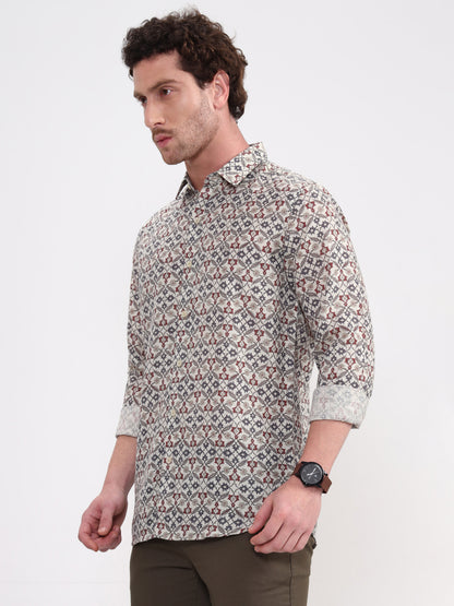 Grey Printed Slim Fit Casual Shirt | JadeBlue