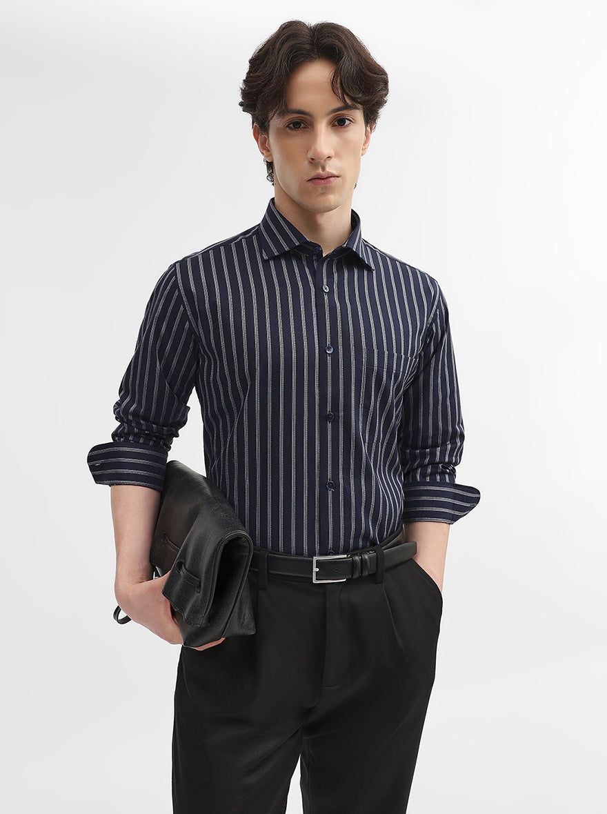 Blue & White Striped Slim Fit Formal Shirt | Metal