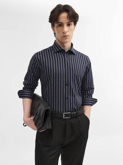 Blue & White Striped Slim Fit Formal Shirt | Metal