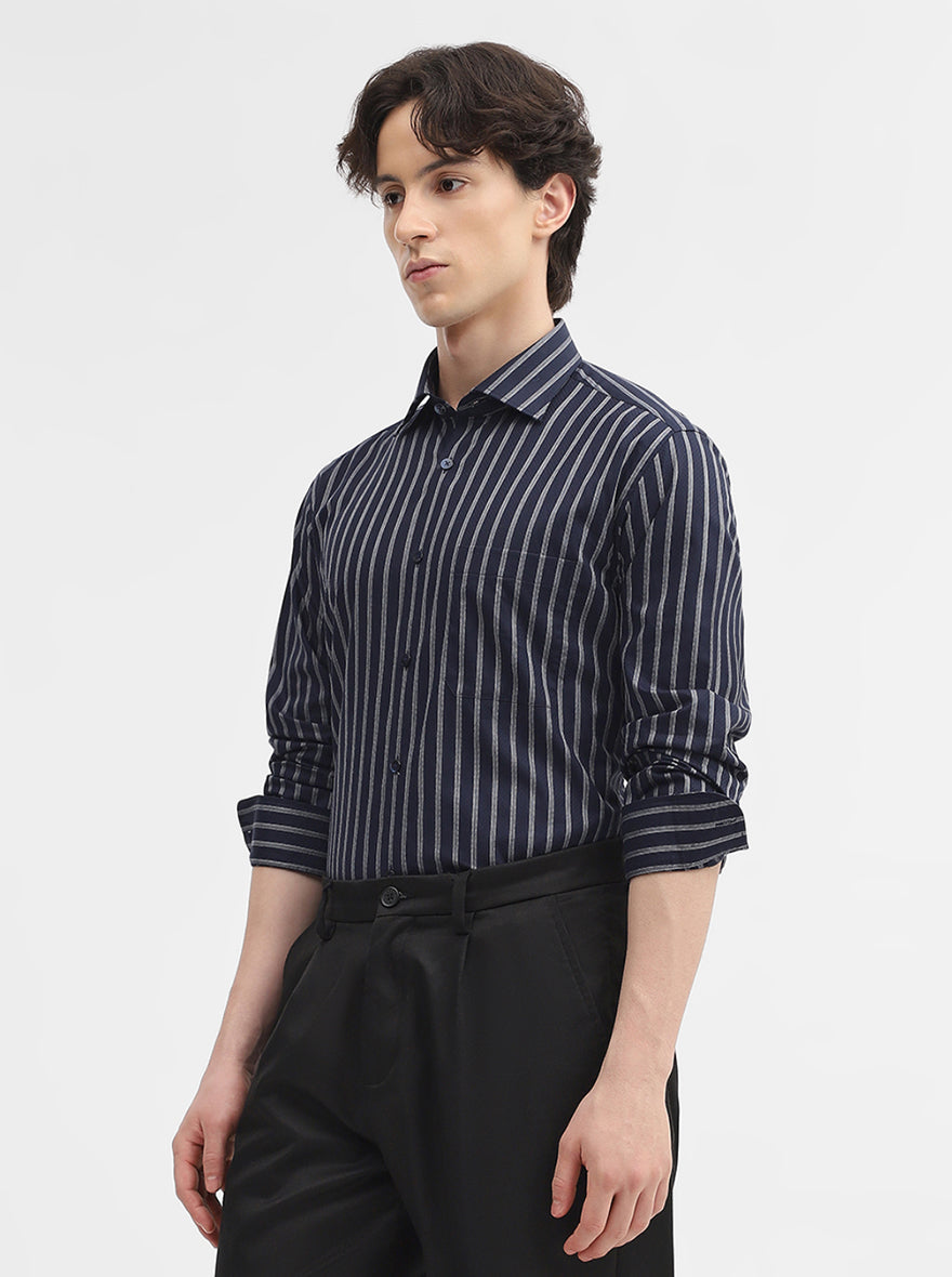 Blue & White Striped Slim Fit Formal Shirt | Metal