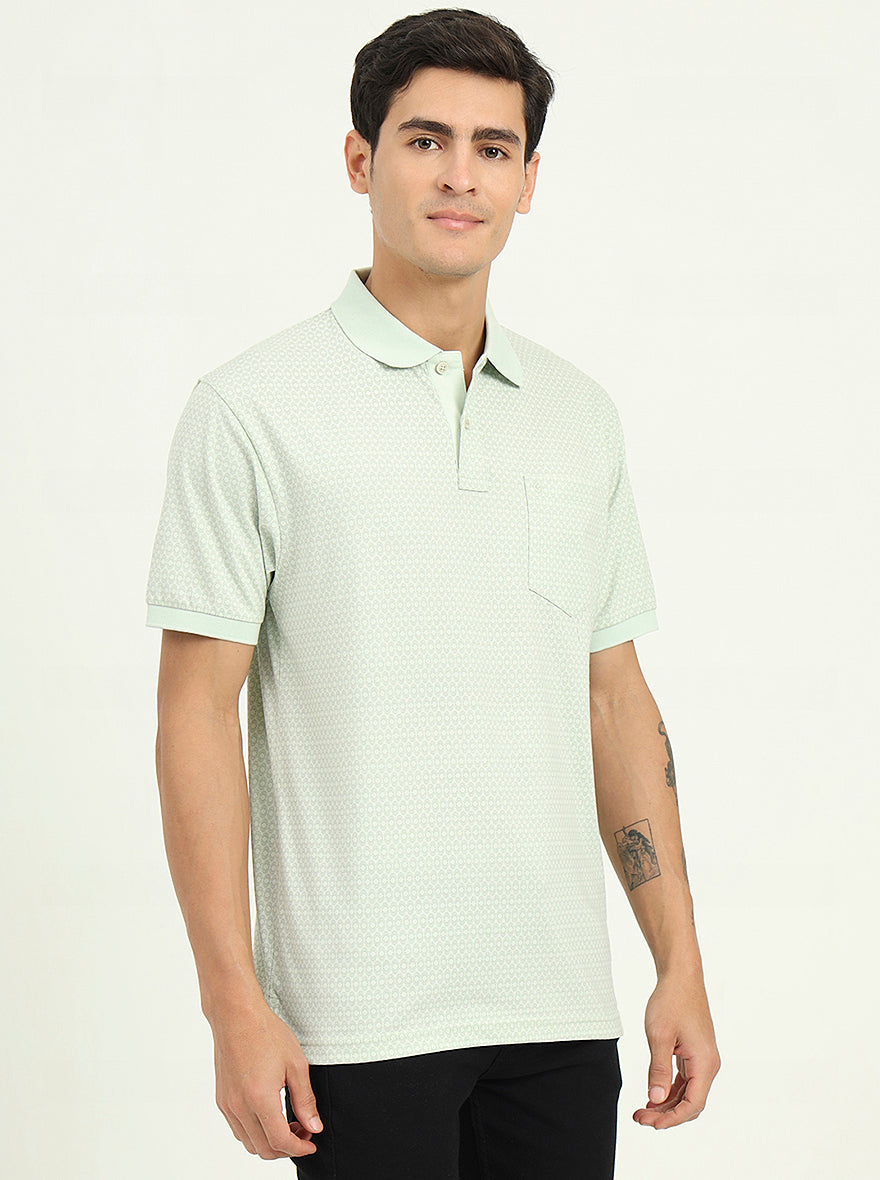 Mist Green Printed Regular Fit Polo T-Shirt | Greenfibre