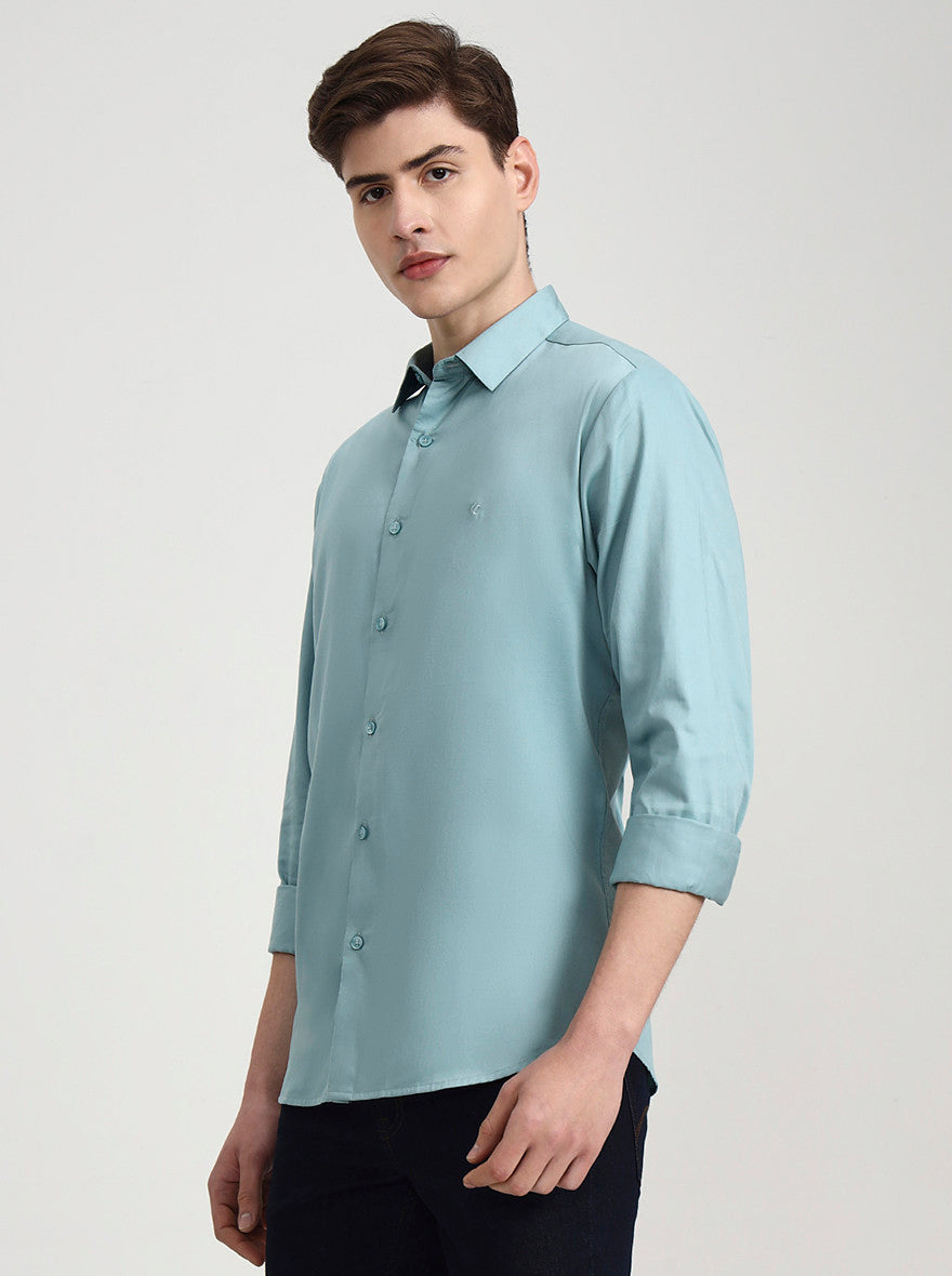 Mint Green Solid Slim Fit Casual Shirt | Greenfibre