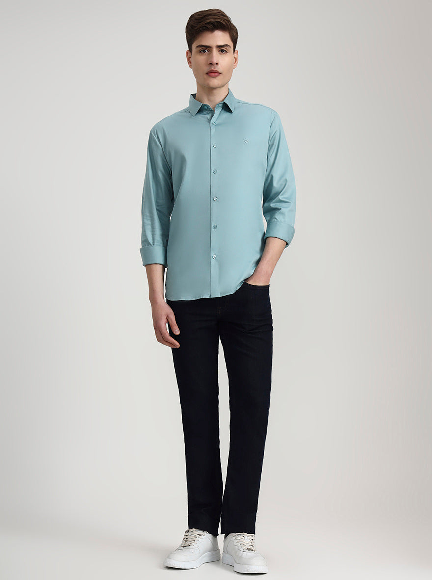 Mint Green Solid Slim Fit Casual Shirt | Greenfibre