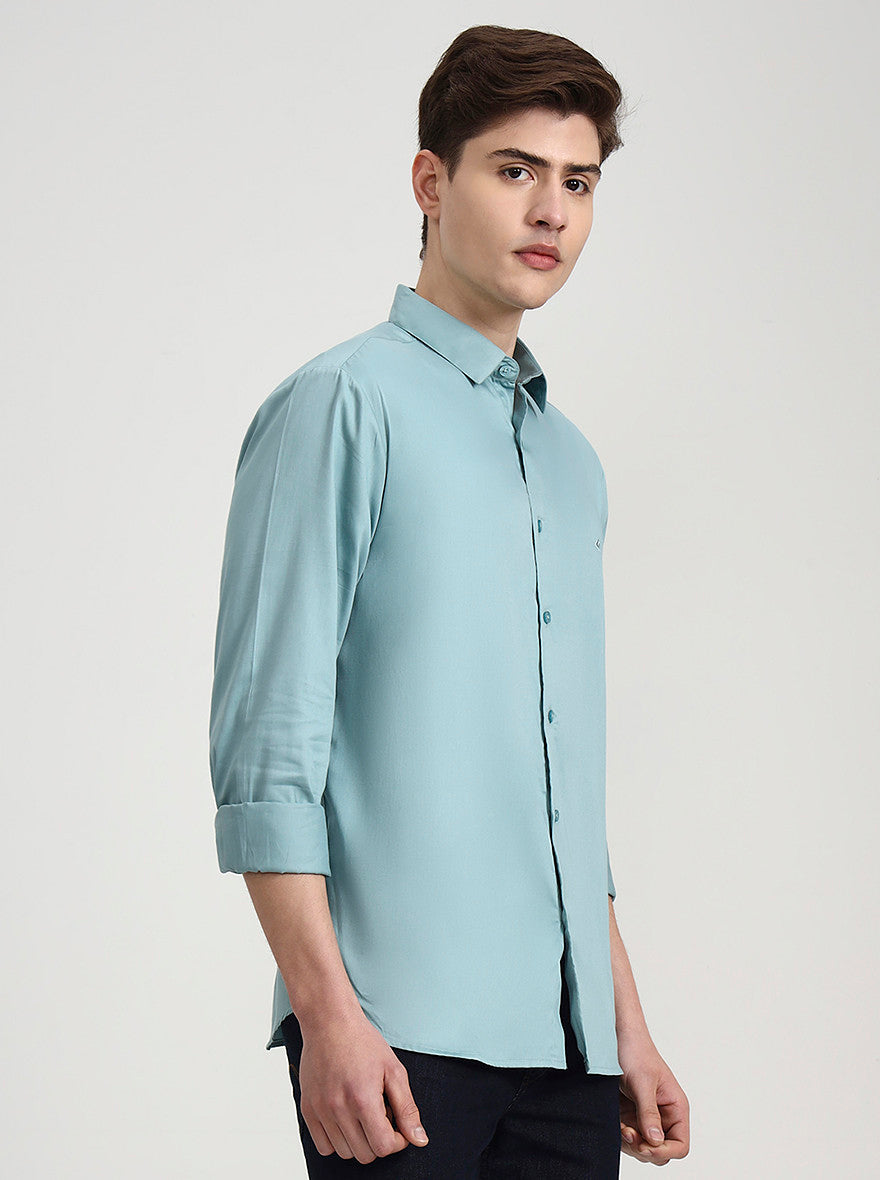 Mint Green Solid Slim Fit Casual Shirt | Greenfibre