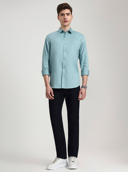 Mint Green Solid Slim Fit Casual Shirt | Greenfibre