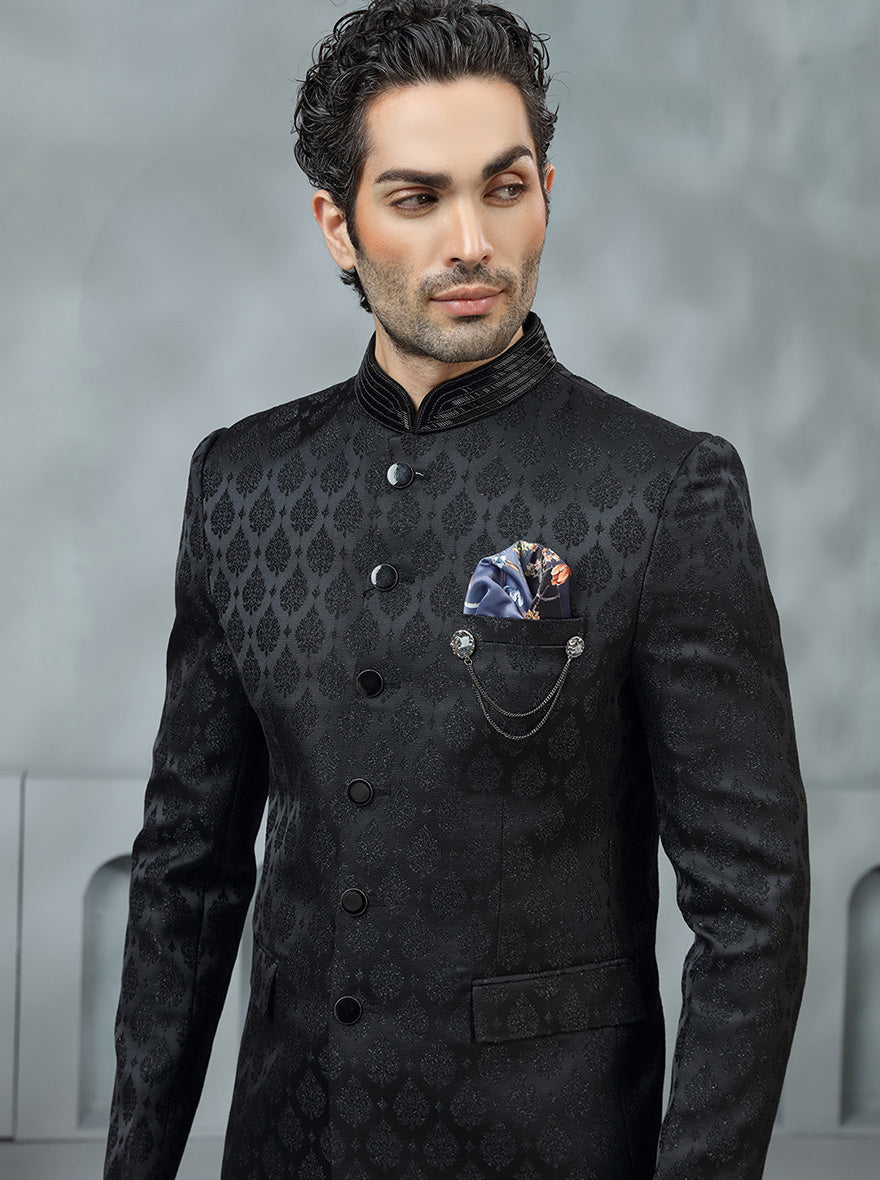 Black Self Design Jodhpuri Suit | JadeBlue