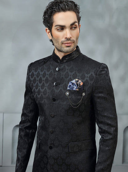 Black Self Design Jodhpuri Suit | JadeBlue