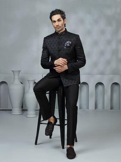 Black Self Design Jodhpuri Suit | JadeBlue