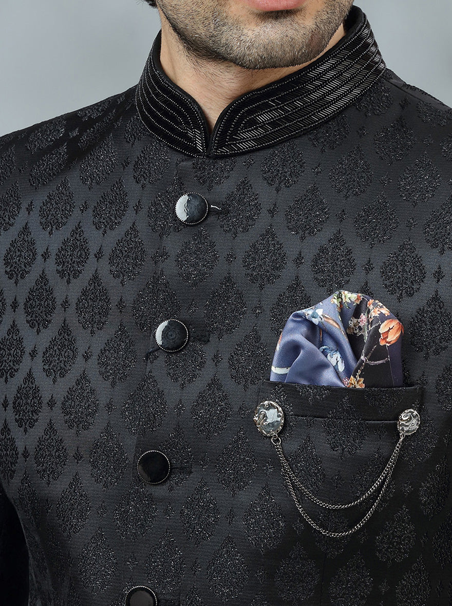 Black Self Design Jodhpuri Suit | JadeBlue