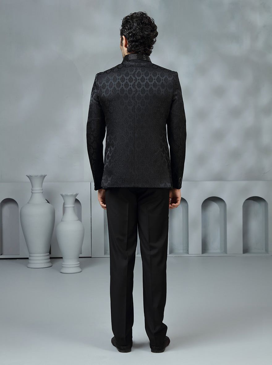 Black Self Design Jodhpuri Suit | JadeBlue