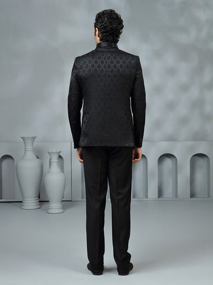 Black Self Design Jodhpuri Suit | JadeBlue