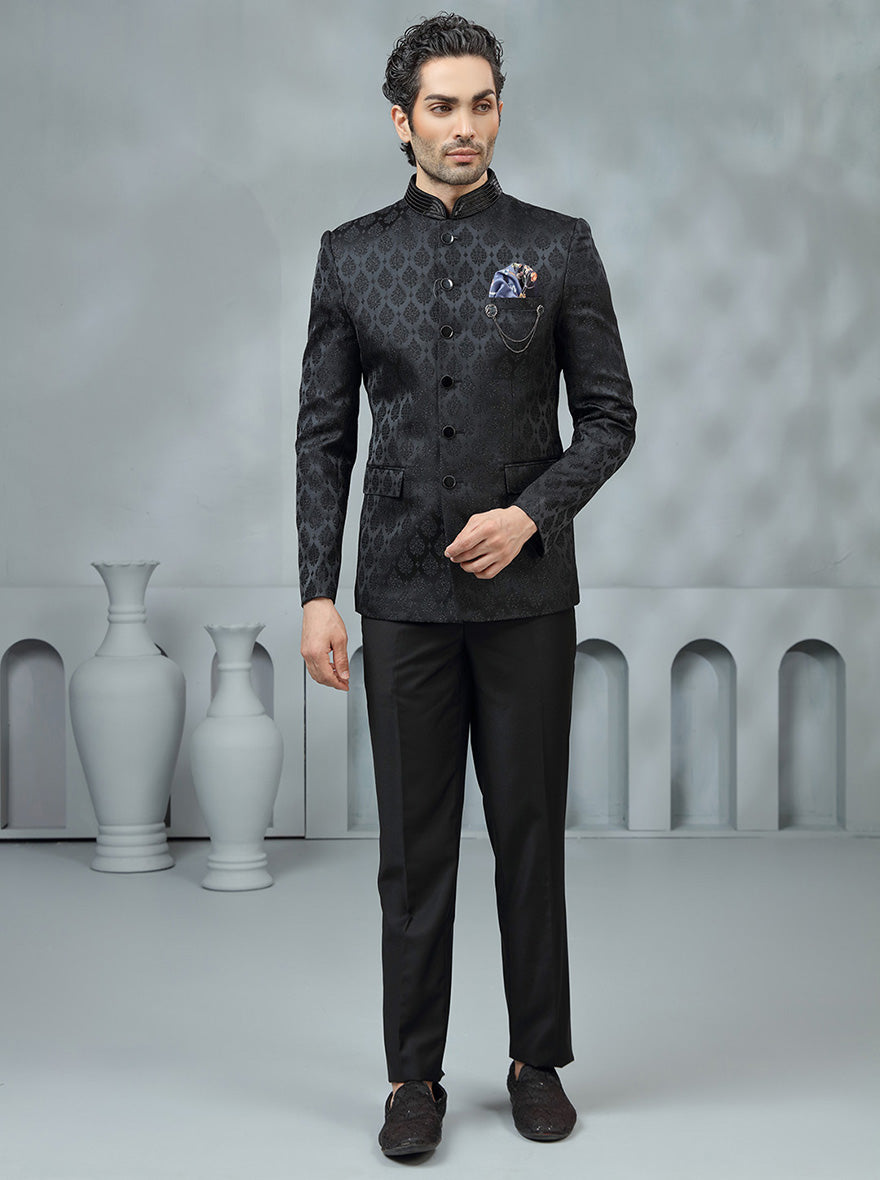 Black Self Design Jodhpuri Suit | JadeBlue