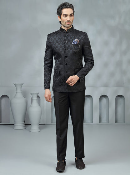 Black Self Design Jodhpuri Suit | JadeBlue