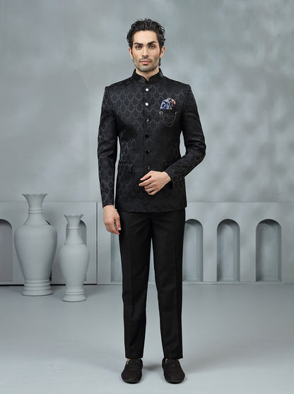 Black Self Design Jodhpuri Suit | JadeBlue