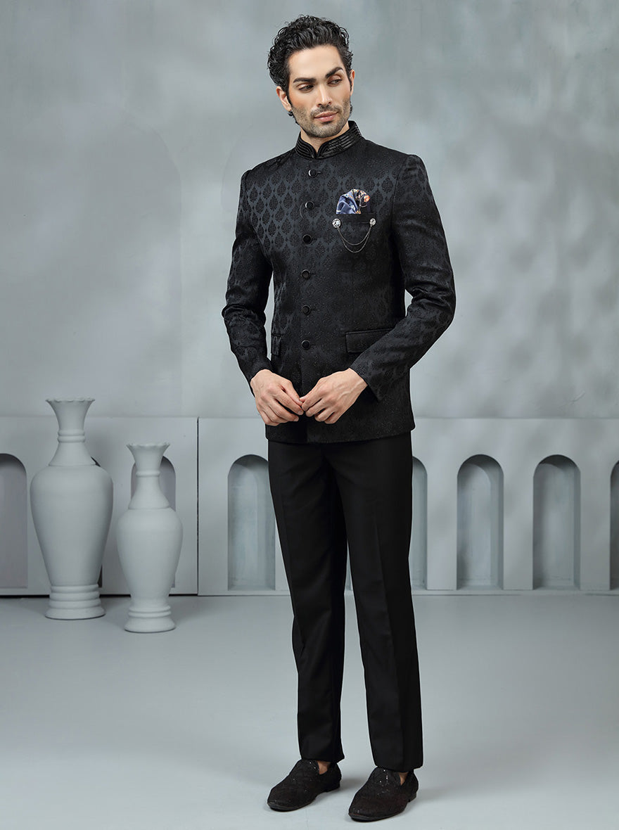 Black Self Design Jodhpuri Suit | JadeBlue